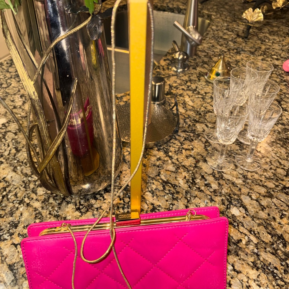 Carolina Herrera Fuchsia Quilted Clutch with Gold Strap - Picture 2 of 5